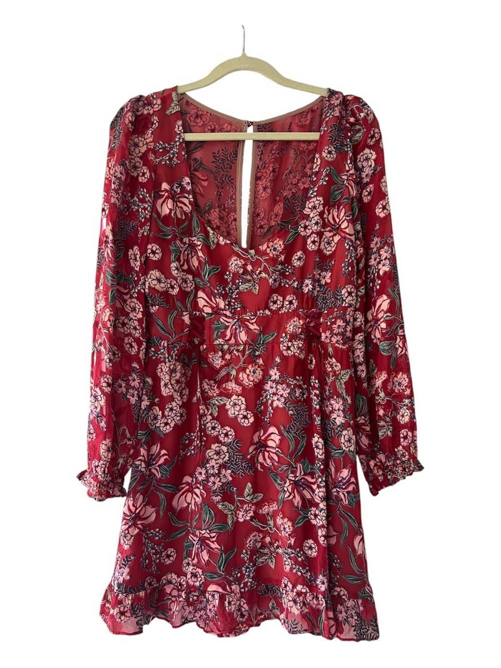NWT For Love & Lemons Red Floral Silk Blend Mini Dress Size L